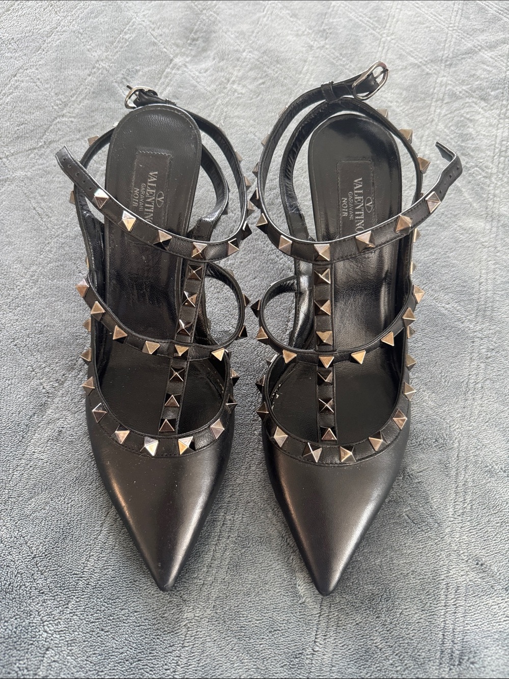 Valentino Garavani Black Leather Pyramid-Stud Strappy Pointed Heels